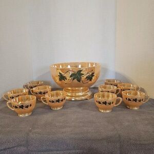 Elegant Tan and Green Leaf Design Punch Bowl Set